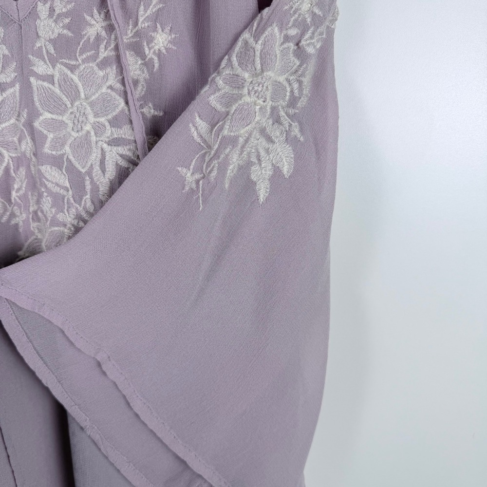 Fairycore Festival World Market Lilac Floral Embroidered Tie Neck Blouse Sz S M - Picture 10 of 10